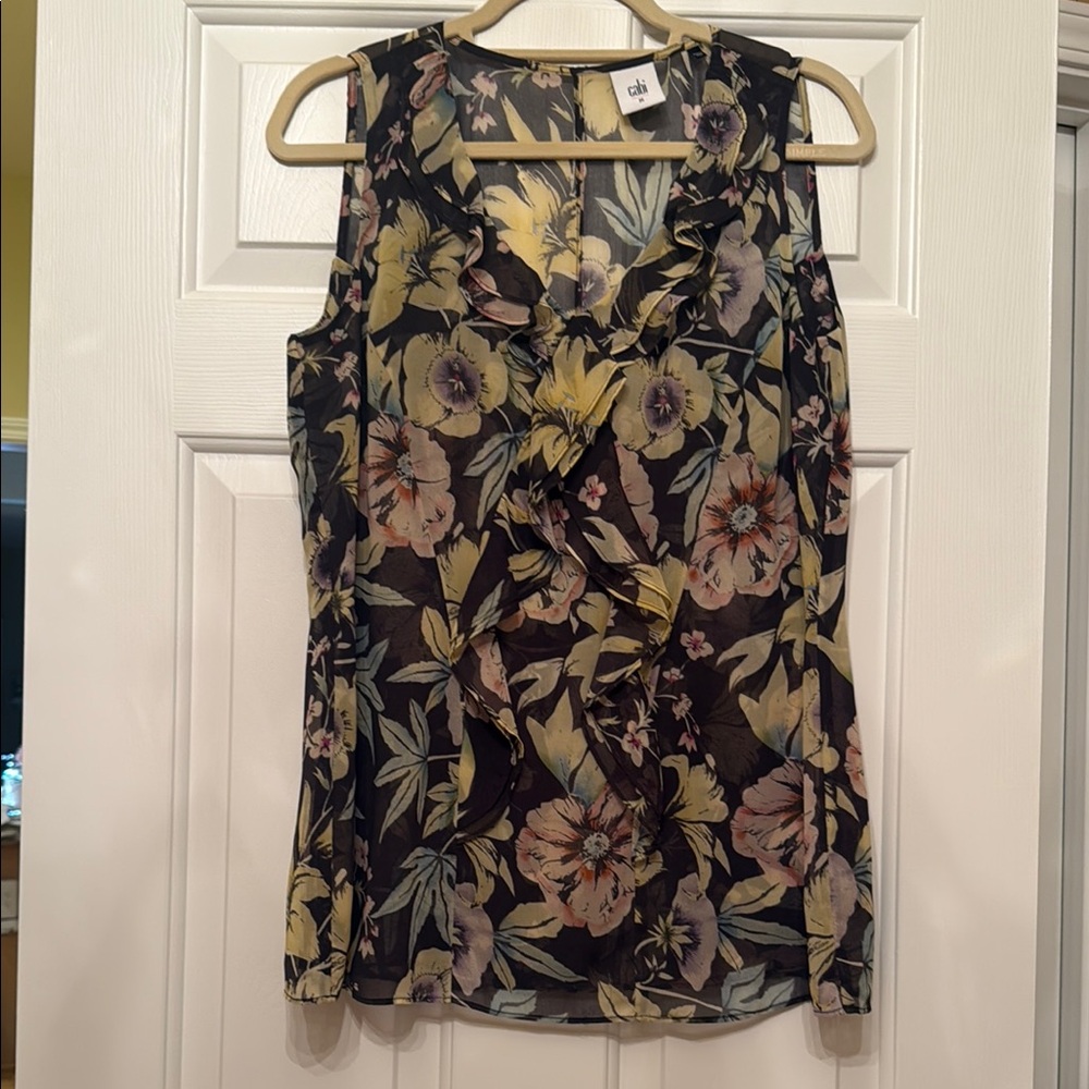 CAbi Ruffled Sleeveless Blue and Black Blouse